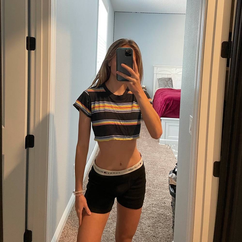 cropped navy blue and rainbow t-shirt.